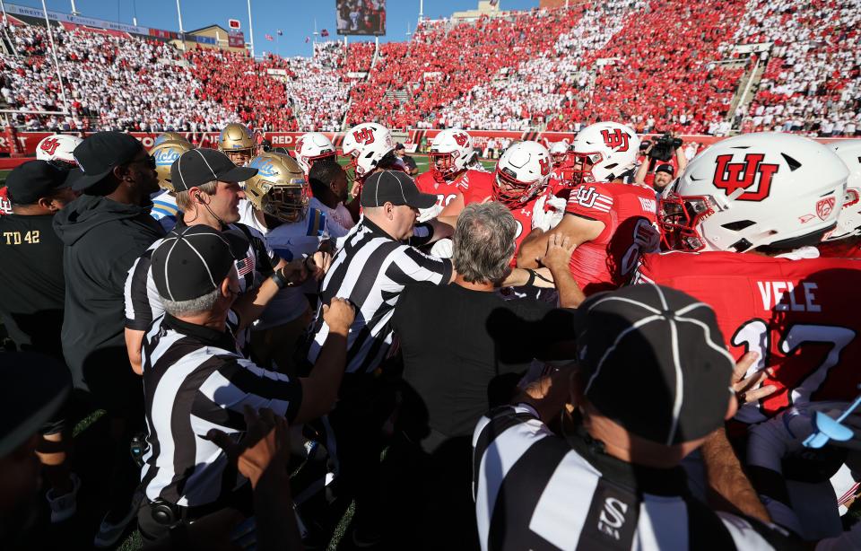 Utah Utes and UCLA Bruins scuffle after the game in Salt Lake City on Saturday, Sept. 23, 2023. Utah won 14-7. | Jeffrey D. Allred, Deseret News