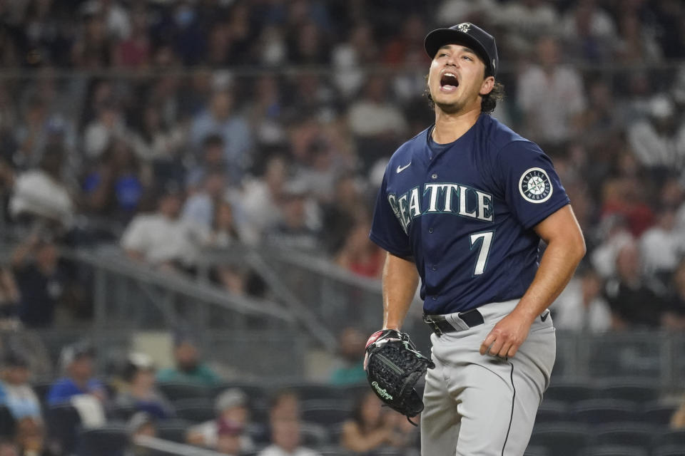 Seattle Mariners pitcher Marco Gonzales reacts after giving up a base hit to New York Yankees' Gleyber Torres during the seventh inning of a baseball game Friday, Aug. 6, 2021, in New York. (AP Photo/Mary Altaffer)