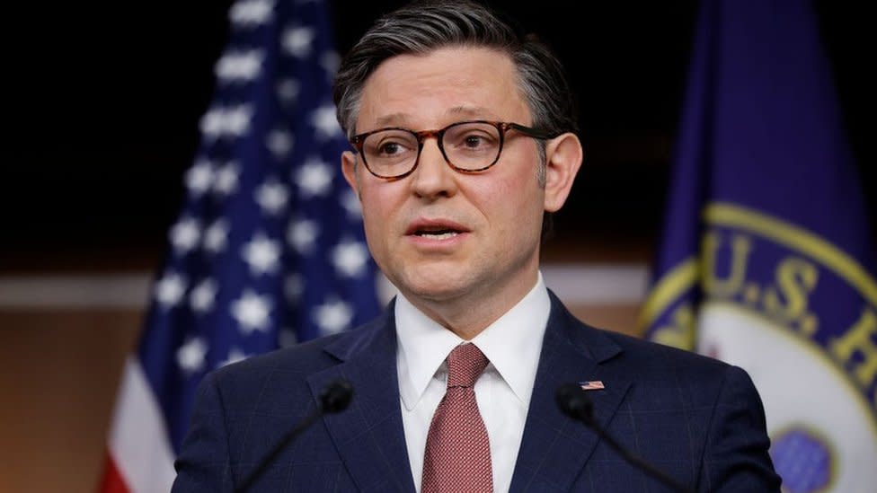 Speaker of the House Mike Johnson (R-LA) speaks during a news conference following a closed-door caucus meeting at the U.S. Capitol Visitors Center on March 20, 2024 in Washington, DC.