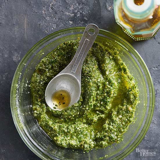 To store pesto, cover the surface with plastic wrap (this keeps it from turning brown) and refrigerate for up to 1 week.