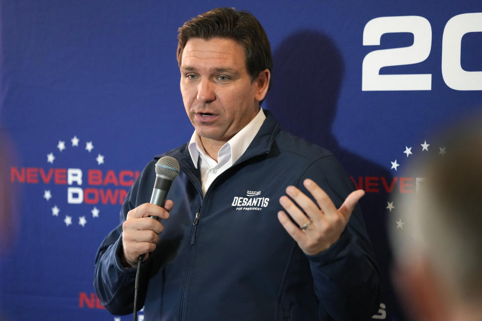 Republican presidential candidate Florida Gov. Ron DeSantis speaks during a meet and greet, Nov. 3, 2023, in Denison, Iowa. (AP Photo/Charlie Neibergall)