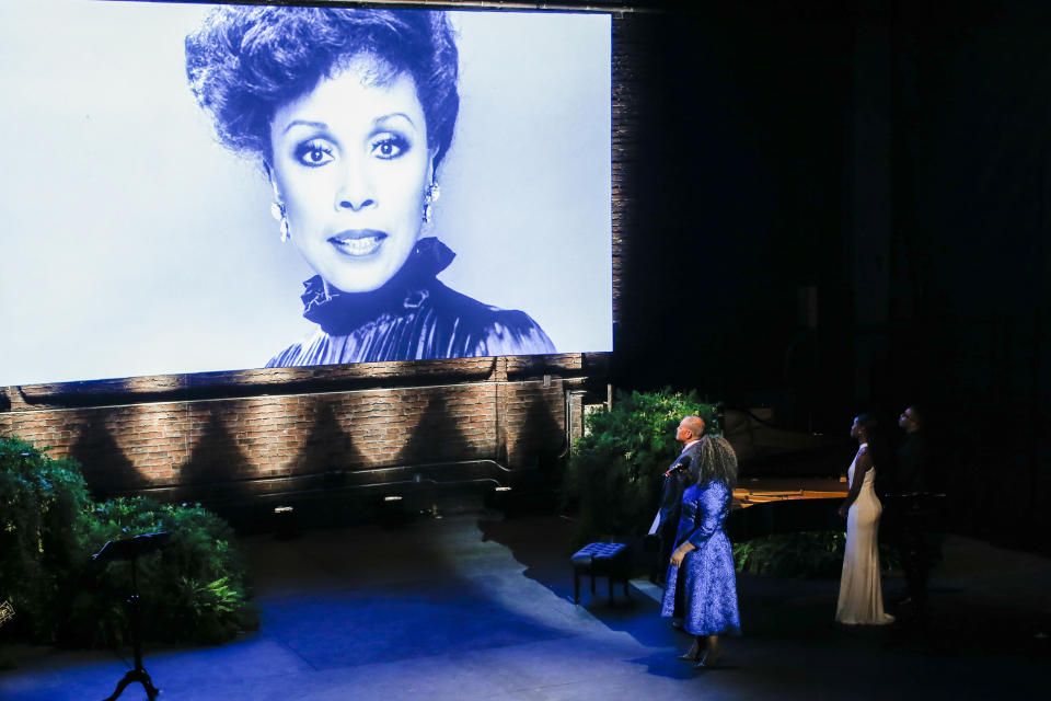 American singer Dianne Reeves performs during the memorial for actress Diahann Carroll at the Helen Hayes Theater on Sunday, Nov. 24, 2019 in New York. (AP Photo/Eduardo Munoz Alvarez)