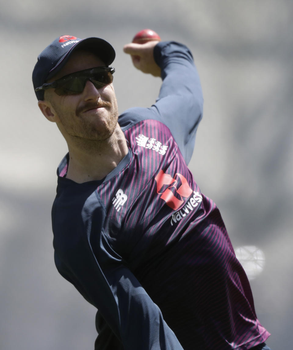 FILE - In this file photo dated Wednesday, Nov. 27, 2019, England's Jack Leach bowls during a training session ahead of the second cricket test between England and New Zealand at Seddon Park in Hamilton, New Zealand. A four-match test series between England and India begins Friday Feb. 5, 2021, with England’s spin bowlers including Leach facing off against an intimidating Indian batting lineup featuring Virat Kohli, who is available again. (AP Photo/Mark Baker, FILE)