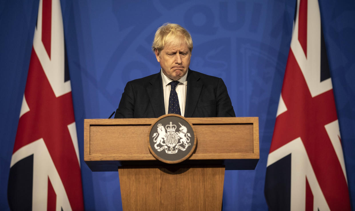 LONDON, ENGLAND - SEPTEMBER 14: Britain's Prime Minister Boris Johnson attends a press conference in the Downing Street Briefing Room on September 14, 2021 in London, England. The prime minister's briefing was preceded by his health secretary's appearance before the House of Commons, in which he laid out the country's strategies for managing the pandemic through the autumn and winter. (Photo by Richard Pohle - WPA Pool/Getty Images)