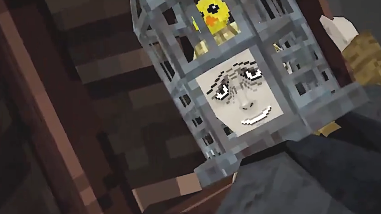  An image of a cage-headed man in Nightmare Kart, with a little bird perched atop his head. 