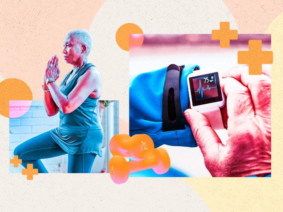 Photo collage featuring an older woman balancing, a person checking heart rate on a smartwatch, and lifting weights