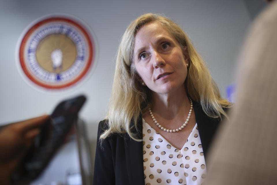 MANASSAS, VIRGINIA - SEPTEMBER 06: U.S. Rep. Abigail Spanberger (D-VA) answers questions after touring the IBEW Local 26 training facility September 6, 2022 in Manassas, Virginia. Spanberger is running against Republican candidate Vesli Vega in Virginia's 7th congressional district.   (Photo by Win McNamee/Getty Images)