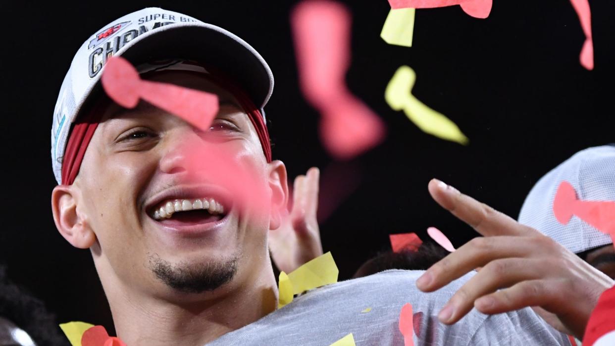 Mandatory Credit: Photo by KEVIN DIETSCH/UPI/Shutterstock (11665845i)Kansas City Chiefs quarterback and Super Bowl MVP Patrick Mahomes celebrates after the Chiefs won Super Bowl LIV, defeating the San Francisco 49ers 31-20, at the Hard Rock Stadium in Miami Gardens on Sunday, February 2, 2020.