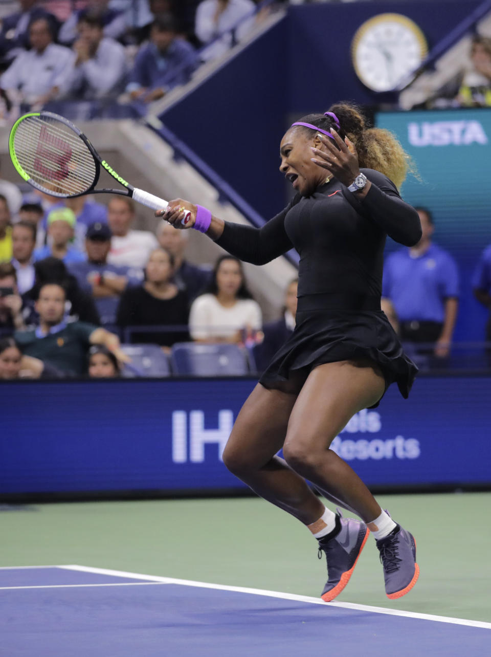 Serena Williams, of the United States, returns to Caty McNally, of the United States, during the second round of the U.S. Open tennis tournament in New York, Wednesday, Aug. 28, 2019. (AP Photo/Charles Krupa)
