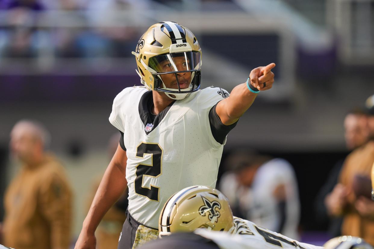 Nov 12, 2023; Minneapolis, Minnesota, USA; New Orleans Saints quarterback Jameis Winston (2) warms up before the game against the Minnesota Vikings at U.S. Bank Stadium. Mandatory Credit: Brad Rempel-USA TODAY Sports