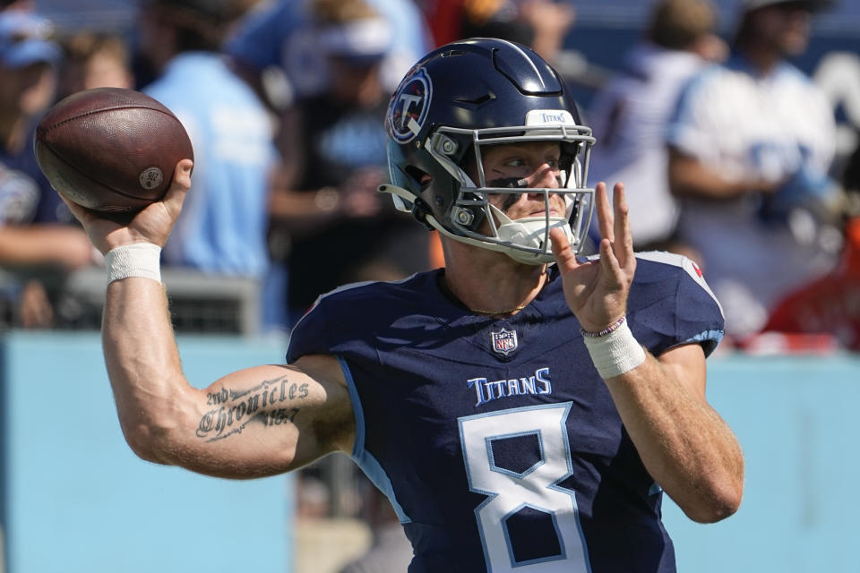 FILE - Tennessee Titans quarterback Will Levis (8) warms up before an NFL football game against the Cincinnati Bengals, Sunday, Oct. 1, 2023, in Nashville, Tenn. Tennessee rookie quarterback Will Levis sure looks like he will make his NFL debut Sunday, Oct. 29, 2023 against the Atlanta Falcons. (AP Photo/George Walker IV, File)