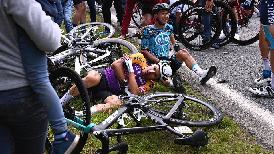 Bryan Coquard and Kristian Sbaragli, pictured here after the horrific crash in the Tour de France.