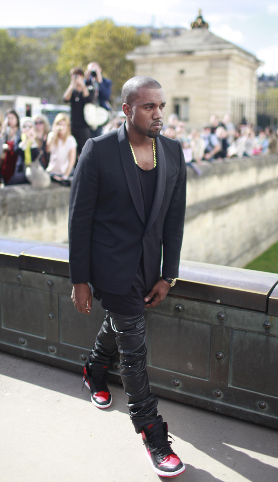 US rap artist Kanye West arrives for the presentation of Christian Dior's ready to wear Spring-Summer 2013 collection, in Paris, Friday, Sept.28, 2012. (AP Photo/Thibault Camus)