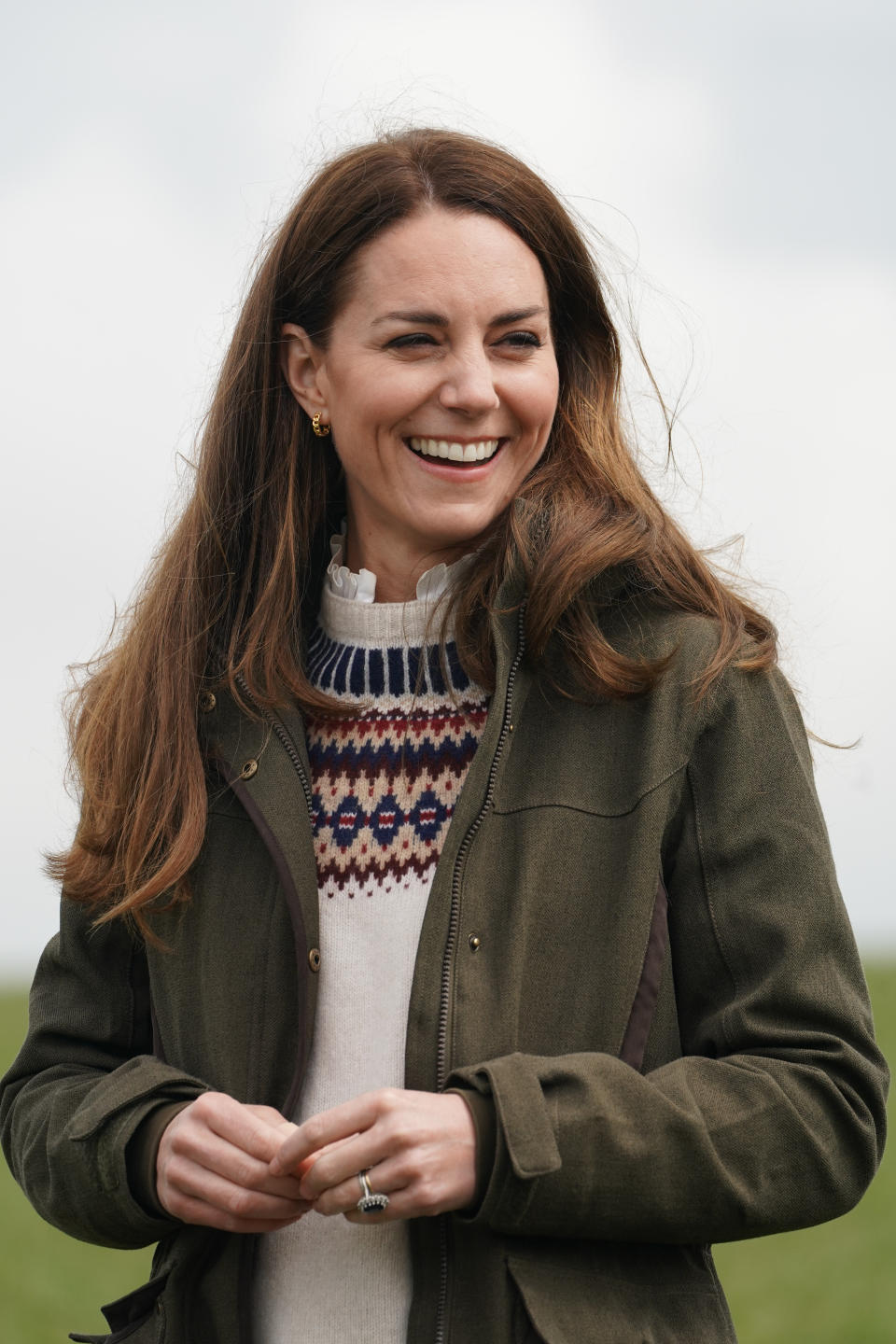 The Duchess of Cambridge laughs during a visit to Manor Farm in Little Stainton, Durham. (PA)