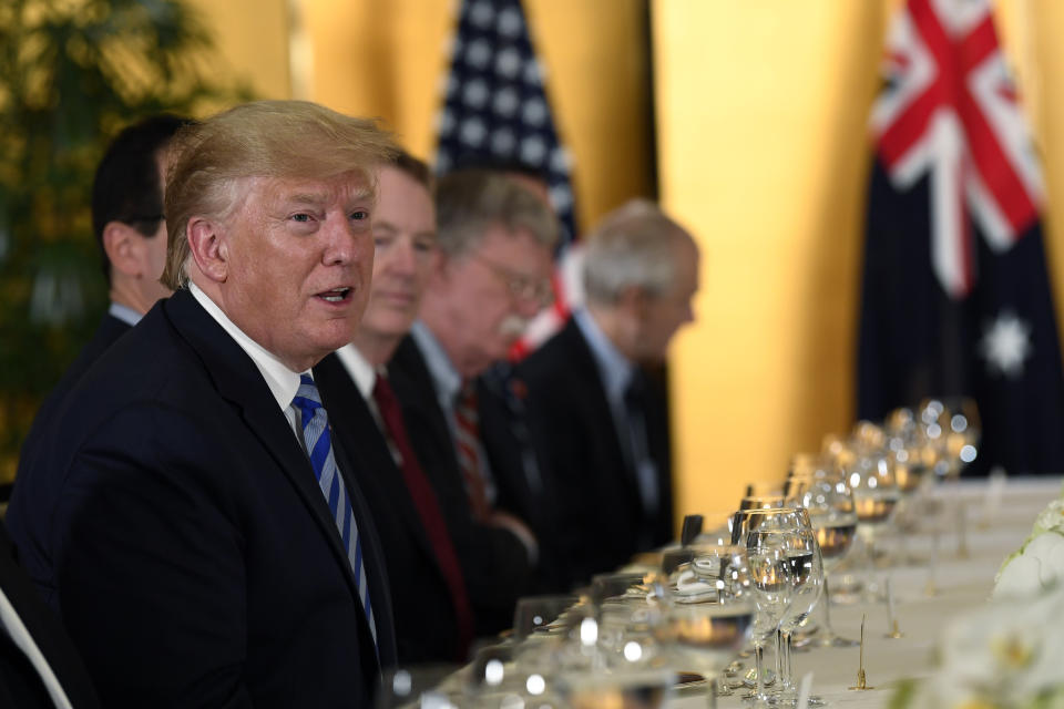 President Donald Trump, left, speaks as he attends a dinner with Australian Prime Minister Scott Morrison in Osaka, Japan, Thursday, June 27, 2019. Trump and Morrison are in Osaka to attend the G20 summit. (AP Photo/Susan Walsh)