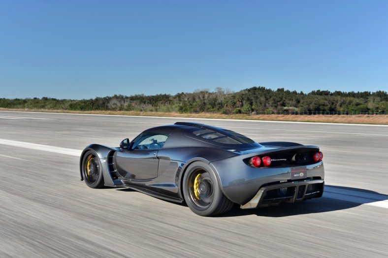 The Hennessey Venom GT seen in February 2014 at the Kennedy Space Center, where it set a speed record making it the world's fasted production car.