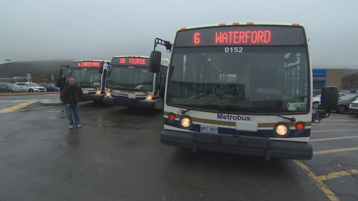 Metrobuses parked at the Village Mall in St. John's on Dec. 4, 2018. (CBC - image credit)