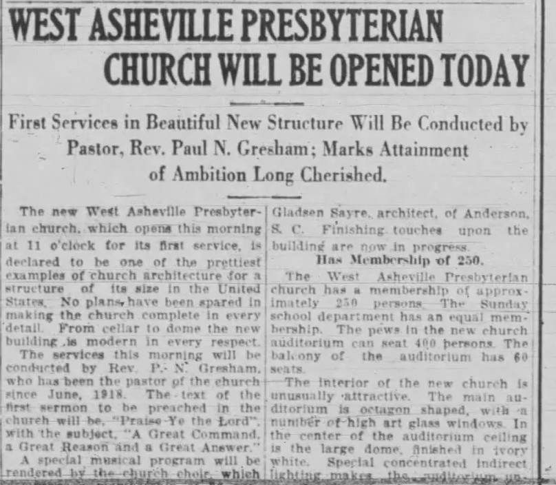 A clip from the Asheville Citizen Times from June 18, 1922. The article headline is "West Asheville Presbyterian Church will be opened today."