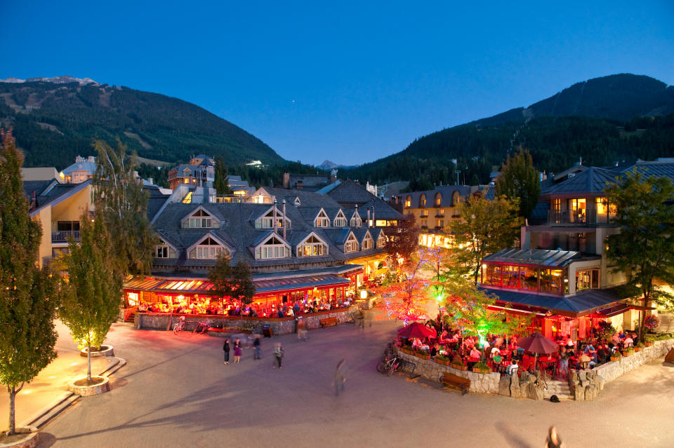 Aerial view of Whistler Village in summer. Canada&#39;s top tourist destinations. Best ski resorts to visit in summer.