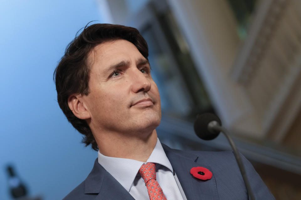 Canada's Prime Minister Justin Trudeau listens to Dutch caretaker Prime Minister Mark Rutte during a press conference in The Hague, Netherlands, Friday, Oct. 29, 2021. (AP Photo/Peter Dejong)
