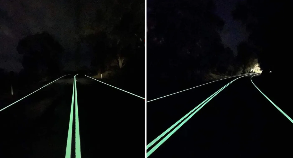The photoluminescence road lines shining bright during a trial on Metong Road in Victoria. 