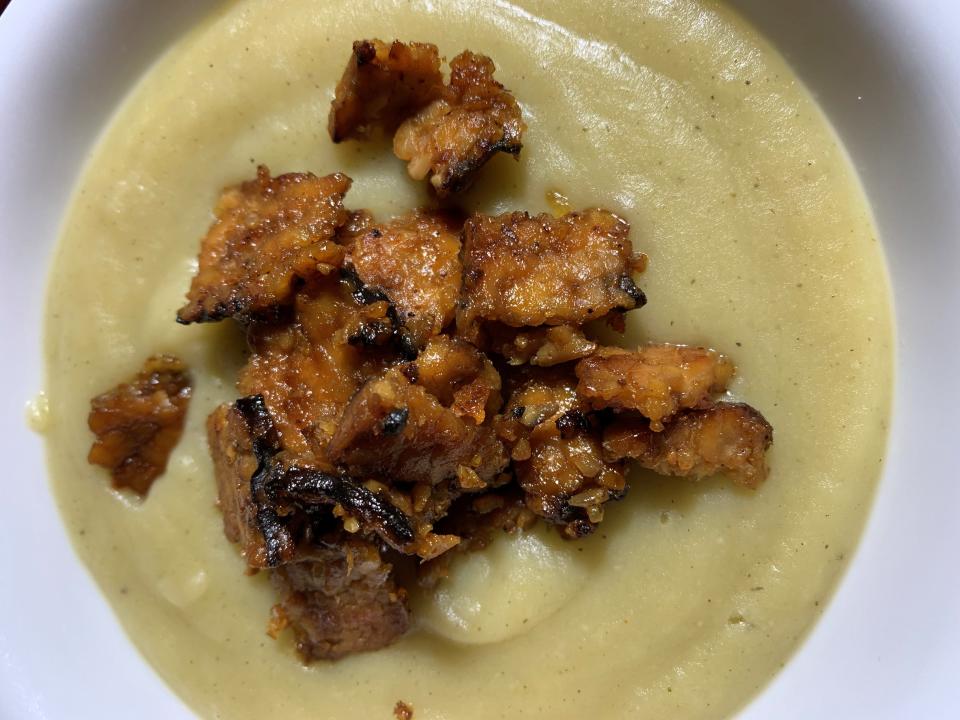 Some potato leek soup, with tempeh bacon as an added treat.