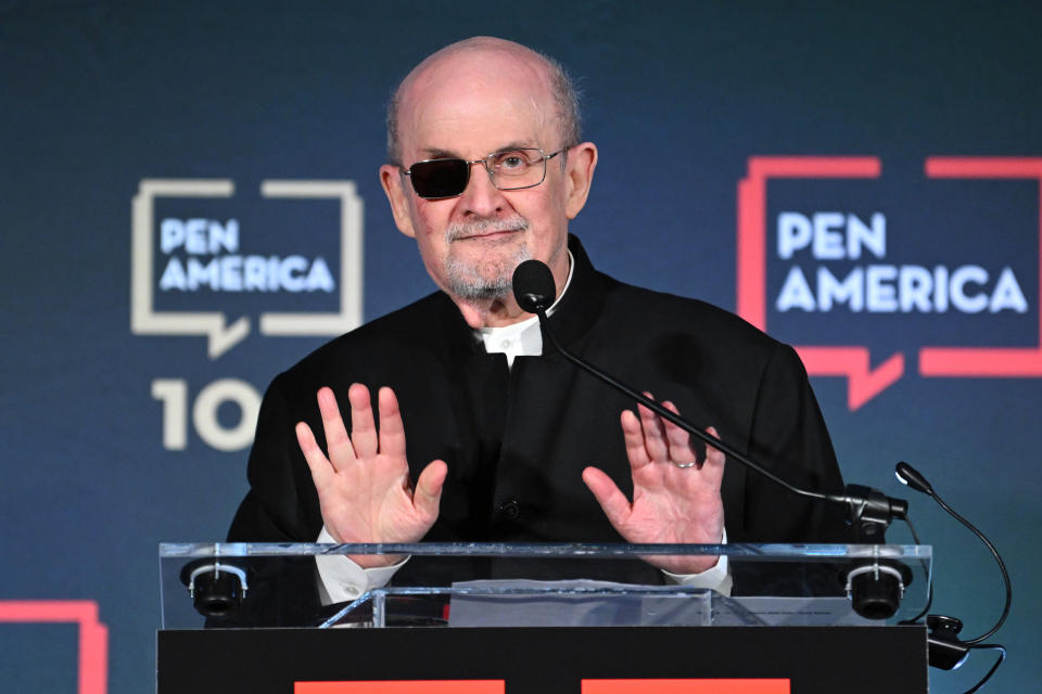 Honoree Salman Rushdie speaks on stage at the 2023 PEN America Literary Gala, Bryan. Getty Images