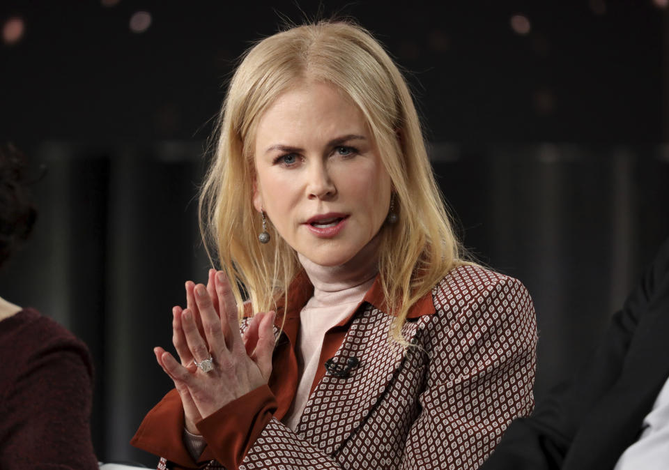 FILE - In this Wednesday, Jan. 15, 2020, file photo, Nicole Kidman speaks at the "The Undoing" panel during the HBO TCA 2020 Winter Press Tour at the Langham Huntington in Pasadena, Calif. More than $5.1 million in funds were given to over 70 nonprofit organizations during the “HFPA Philanthropy: Empowering the Next Generation” virtual event on Tuesday, Oct. 13, 2020. Kidman was among the entertainers who appeared to discuss the charities that benefit from HFPA grants. (Photo by Willy Sanjuan/Invision/AP, File)