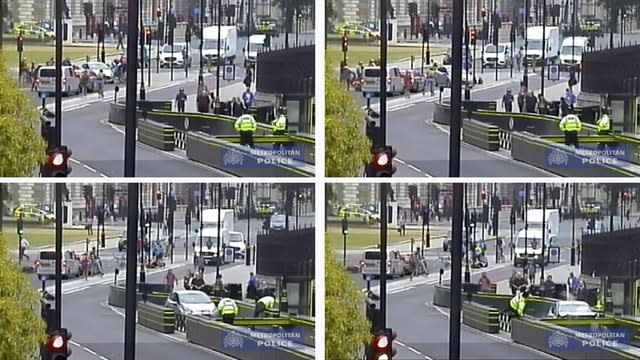 Footage taken from CCTV of the moment Salih Khater, 30, drove his silver Ford Fiesta at cyclists before crashing into barriers as two uniformed police officers 