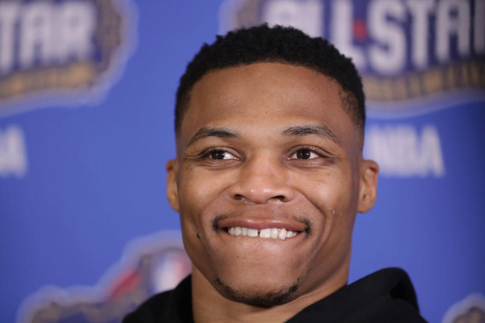 Russell Westbrook was all smiles at All-Star Game media availability. (Getty Images)