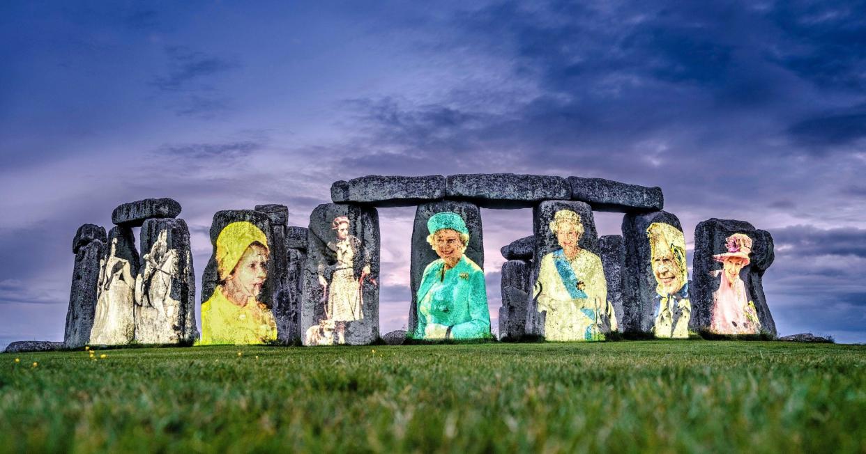 Queen Elizabeth II's portraits displayed on Stonehenge.