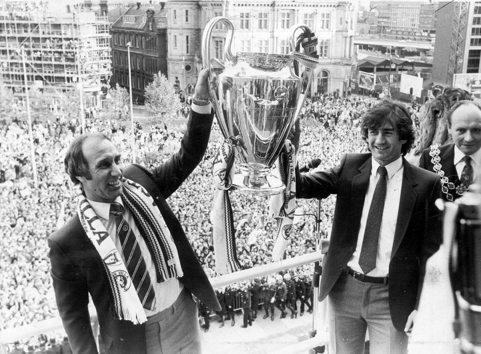 Tony Barton (left) lifts European Cup with Aston Villa captain Denis Mortimer in 1982 (Birmingham Post and Mail)