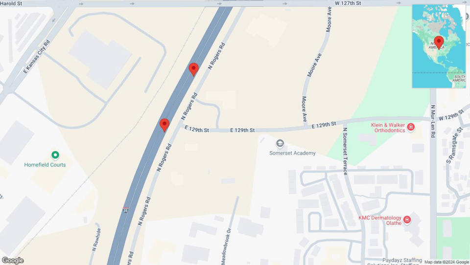 A detailed map that shows the affected road due to 'Broken down vehicle on eastbound I-35 in Olathe' on September 17th at 3:01 p.m.