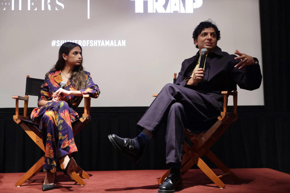 WEST HOLLYWOOD, CALIFORNIA - APRIL 16: (EXCLUSIVE COVERAGE) Writer/director Ishana Shyamalan of "The Watchers" (L) and writer/director M. Night Shyamalan of "Trap" attend the Summer of Shyamalan Event at Soho House on April 16, 2024 in West Hollywood, California. (Photo by Eric Charbonneau/Getty Images for Warner Bros.)