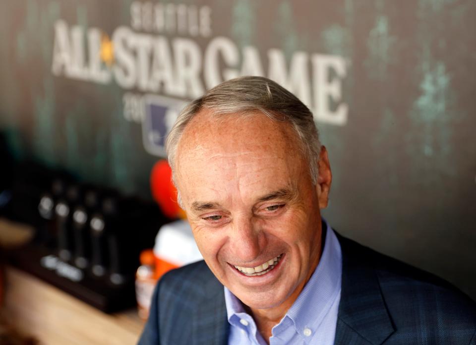MLB commissioner Rob Manfred talks to the media before the 2023 All-Star Game at T-Mobile Park.