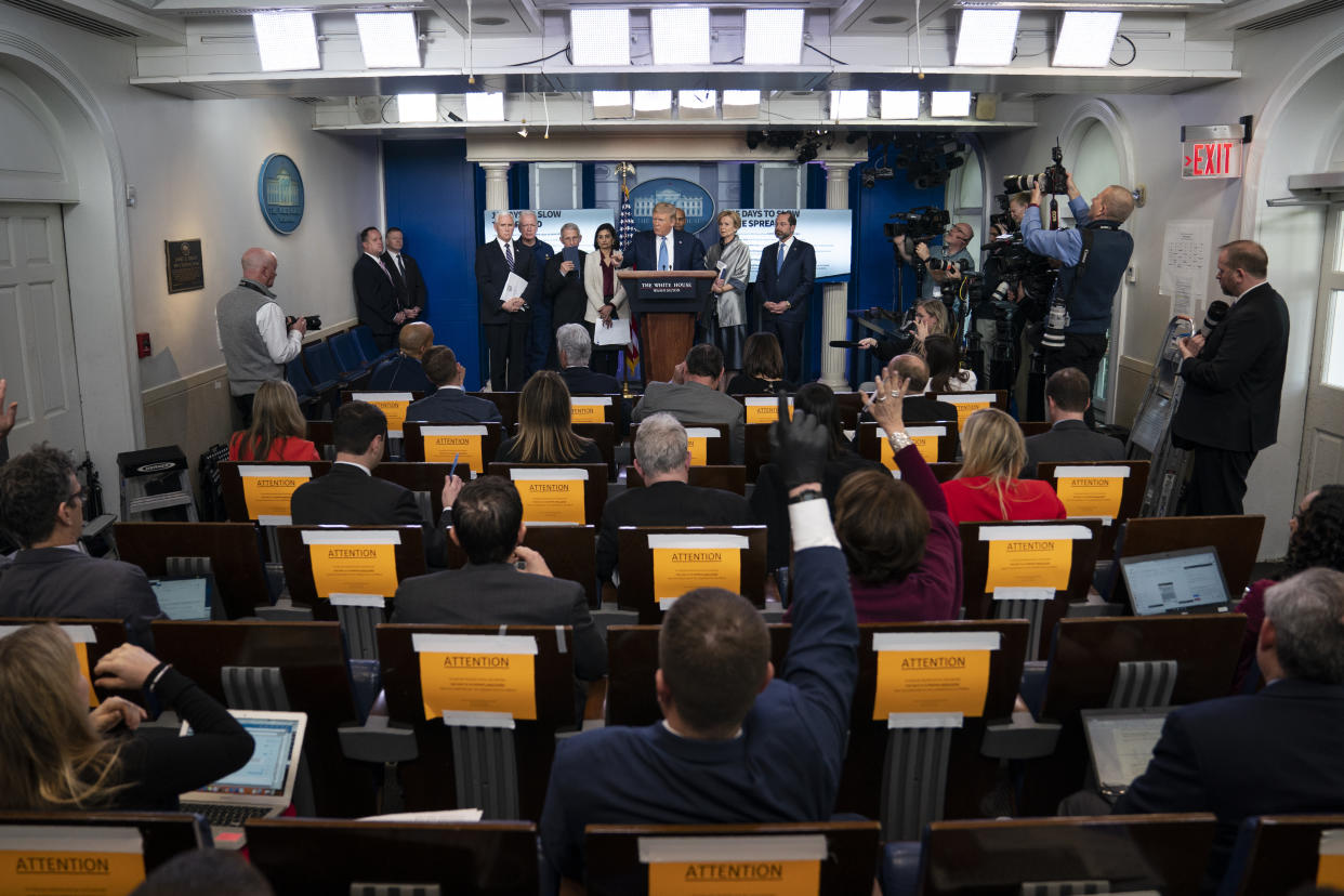 President Donald Trump speaks during a press briefing with the coronavirus task force, at the White House on March 16, 2020, in Washington. (Evan Vucci/AP)  