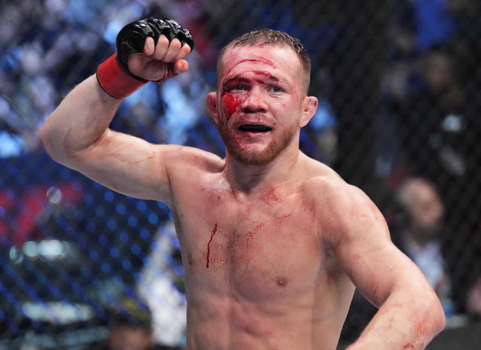 ABU DHABI, UNITED ARAB EMIRATES - OCTOBER 22: Petr Yan of Russia reacts after the conclusion of his bantamweight fight against Sean O'Malley during the UFC 280 event at Etihad Arena on October 22, 2022 in Abu Dhabi, United Arab Emirates. (Photo by Chris Unger/Zuffa LLC)