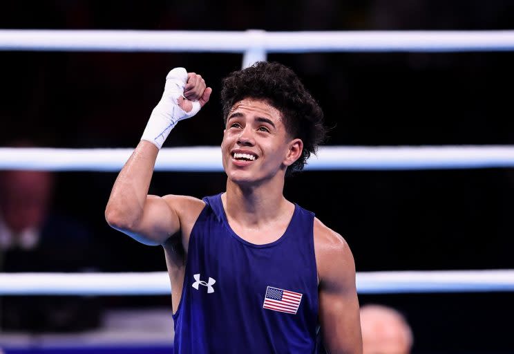 U.S. Olympian Antonio Vargas, celebrating a preliminary round victory over Brazil's Juliao Neto in August, signed a promotional deal Wednesday with Las Vegas-based Top Rank. (Getty Images)