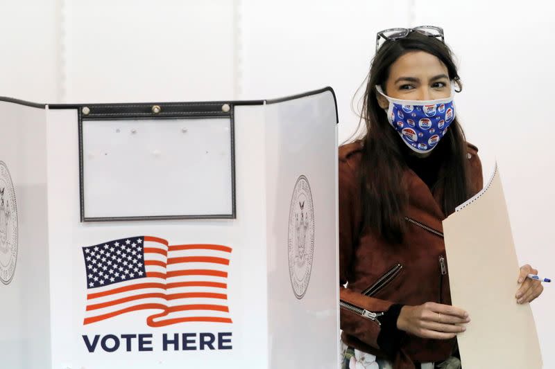 Congresswoman Alexandria Ocasio-Cortez votes early at a polling station in New York City