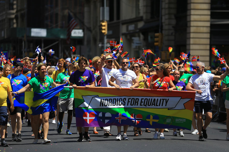 Members of Nordics for Equality march in the N.Y.C. Pride Parade in New York on June 30, 2019. (Photo: Gordon Donovan/Yahoo News)