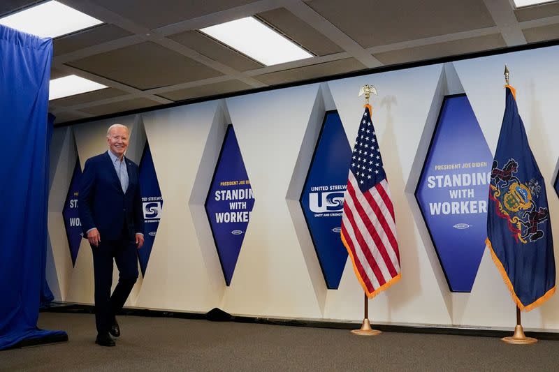 U.S. President Joe Biden delivers remarks at United Steel Workers headquarters in Pittsburgh