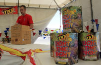 FILE - In this July 1, 2014, file photo, Nathan Farmer unpacks dozens of boxes of fireworks to sell at a roadside stand in Albuquerque, N.M. With fewer professional celebrations on July 4, 2020, many Americans are bound to shoot off fireworks in backyards and at block parties. And they already are: Sales have been booming. (AP Photo/Susan Montoya Bryan, File)