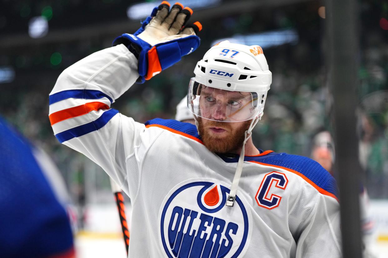 Edmonton Oilers captain Connor McDavid celebrates his goal during the second overtime of Game 1 against the Dallas Stars.