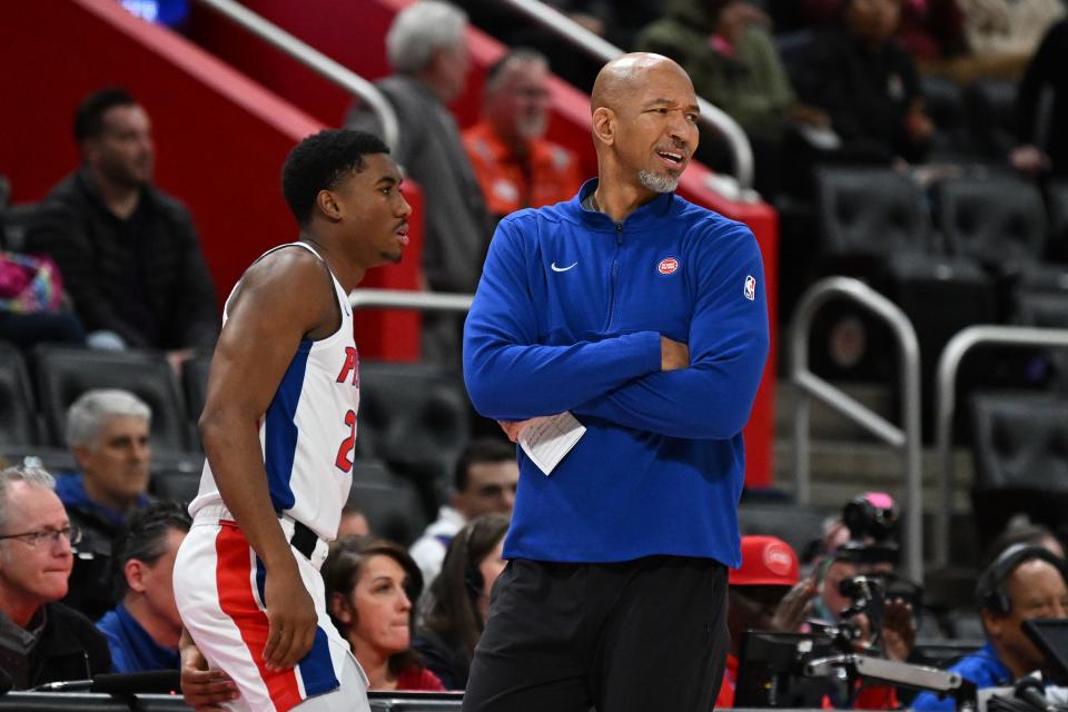 Pistons coach Monty Williams talks with guard Jaden Ivey in the third quarter of the Pistons' 131-123 loss to the Pacers on Monday, Dec. 11, 2023, at Little Caesars Arena.