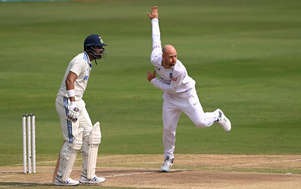 Jack Leach of England bowls watched by KL Rahul of India during day two of the 1st Test Match between India and England at Rajiv Gandhi International Stadium on January 26, 2024 in Hyderabad