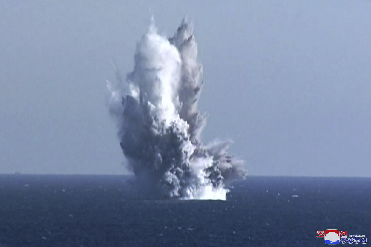 This photo provided by the North Korean government, shows what it says is an underwater blast of test warhead loaded to an unmanned underwater nuclear attack craft 