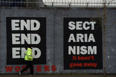 A mural saying 'End Sectarianism' is seen on the Falls Road in Belfast, Northern Ireland January 19, 2017. REUTERS/Clodagh Kilcoyne