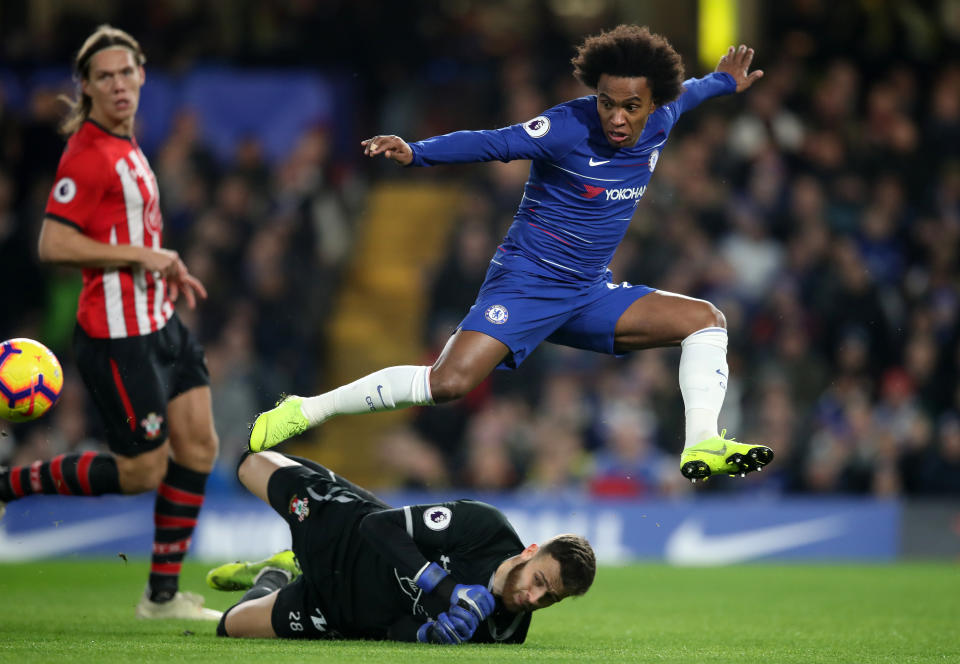 Chelsea’s Willian is denied an early chance by Saints’ keeper Angus Gunn