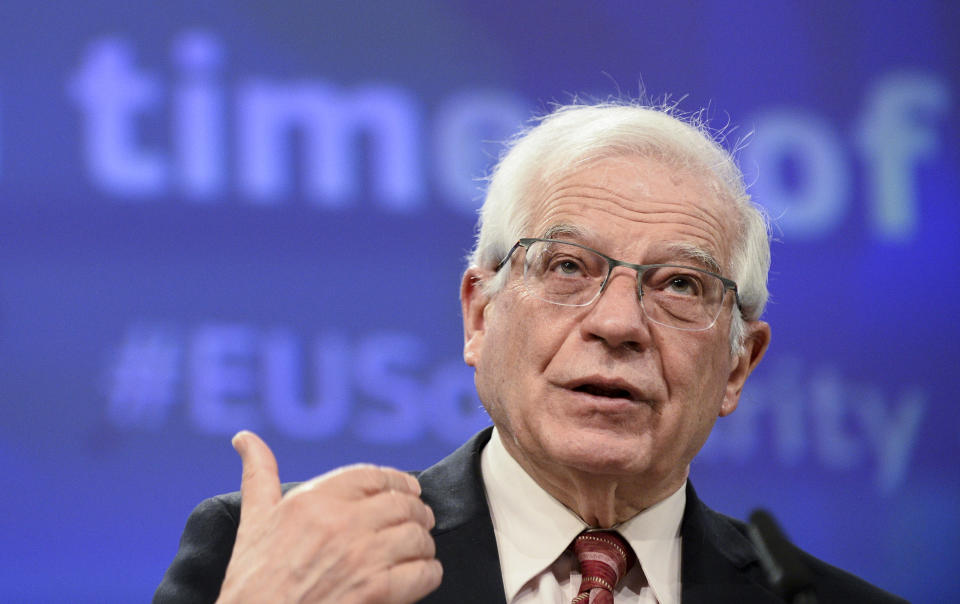 European Union foreign policy chief Josep Borrell speaks during a news conference at the EU headquarters in Brussels, Wednesday, March 10, 2021. The European Union unveiled Wednesday plans to step up its international aid efforts, support humanitarian agencies and encourage new donors as the coronavirus weighs on several crises around the world. (Johanna Geron, Pool Photo via AP)