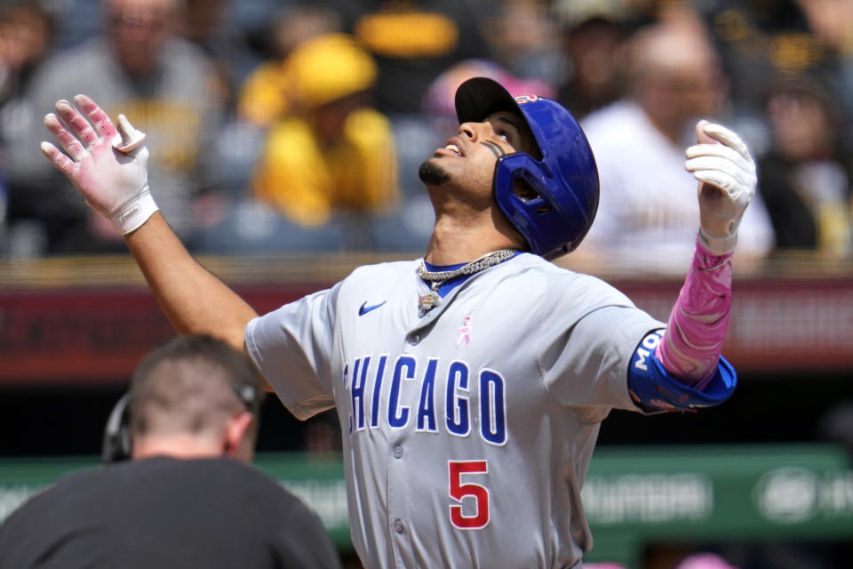 Chicago Cubs' Christopher Morel (5) celebrates as he crosses home plate after hitting a two-run home run off Pittsburgh Pirates starting pitcher Bailey Falter during the first inning of a baseball game in Pittsburgh, Sunday, May 12, 2024. (AP Photo/Gene J. Puskar)